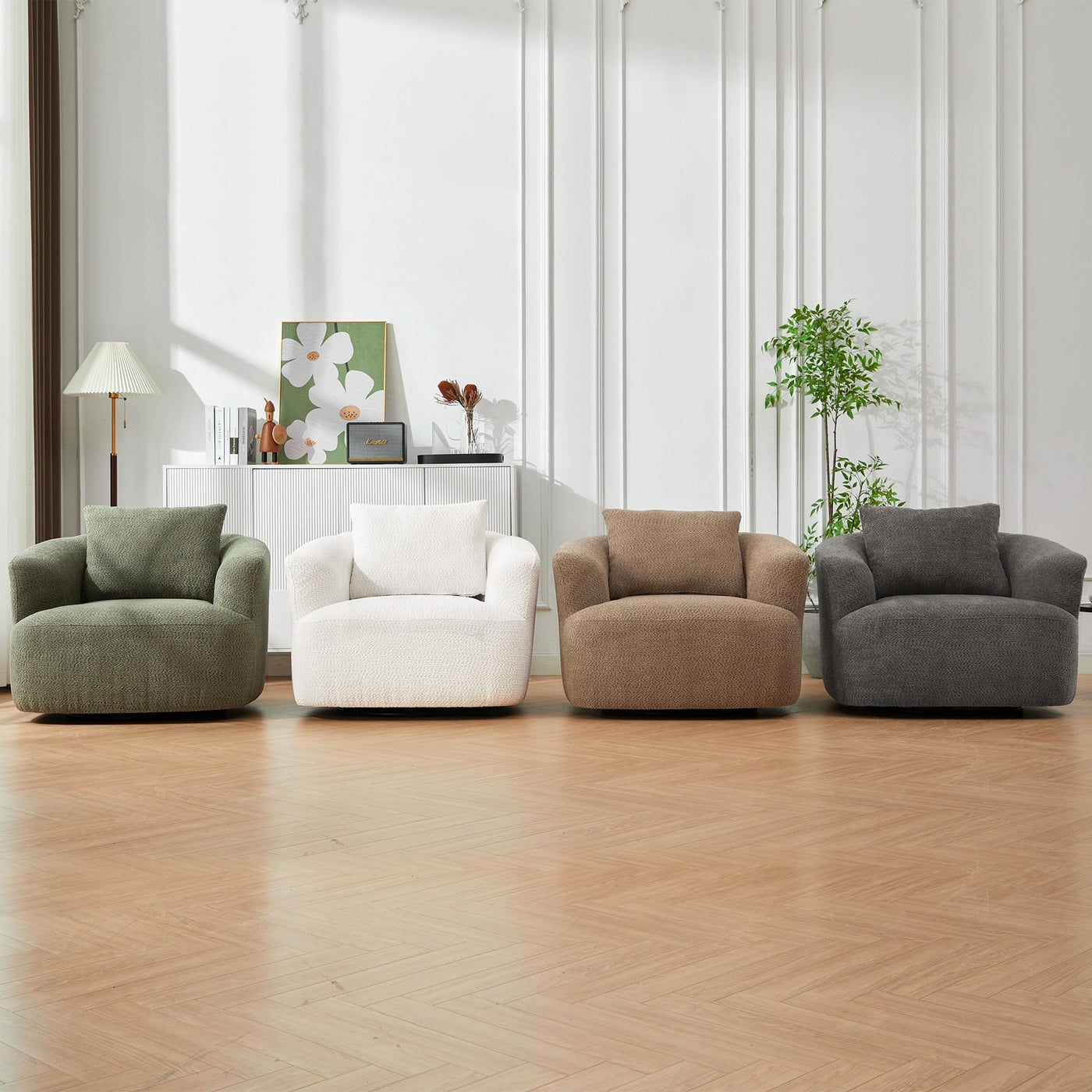 360¡ã Swivel Chair, 38.2 Boucle Accent Chair with Throw Pillow, Upholstered Barrel Sofa Chair with Curved Armrests