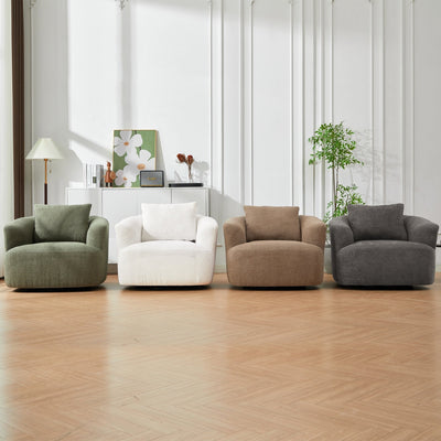 360¡ã Swivel Chair, 38.2 Boucle Accent Chair with Throw Pillow, Upholstered Barrel Sofa Chair with Curved Armrests