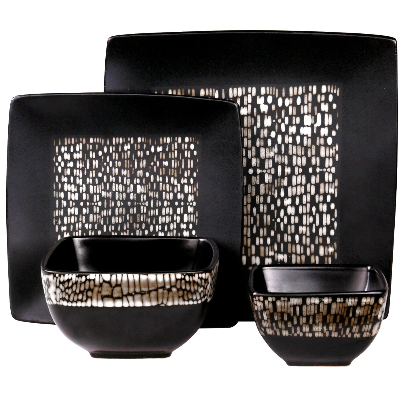 Abstract Square Double Bowl Black Stoneware Dinnerware Set 16 Pieces