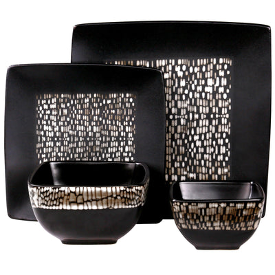Abstract Square Double Bowl Black Stoneware Dinnerware Set 16 Pieces