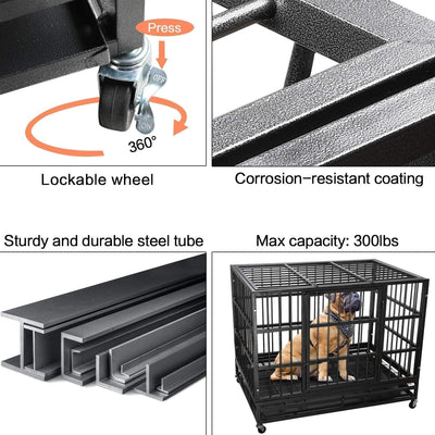BOSSIN 48/38 inch Heavy Duty Indestructible Dog Crate, Escape Proof Dog Cage Kennel with Lockable Wheels