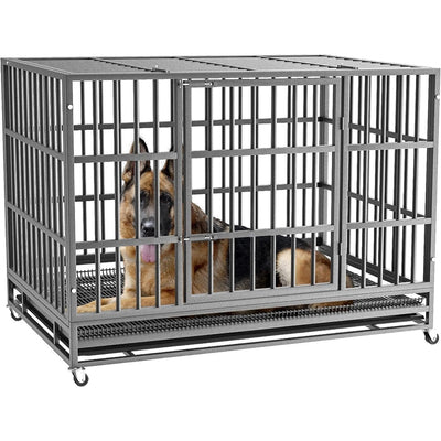 BOSSIN 48/38 inch Heavy Duty Indestructible Dog Crate, Escape Proof Dog Cage Kennel with Lockable Wheels