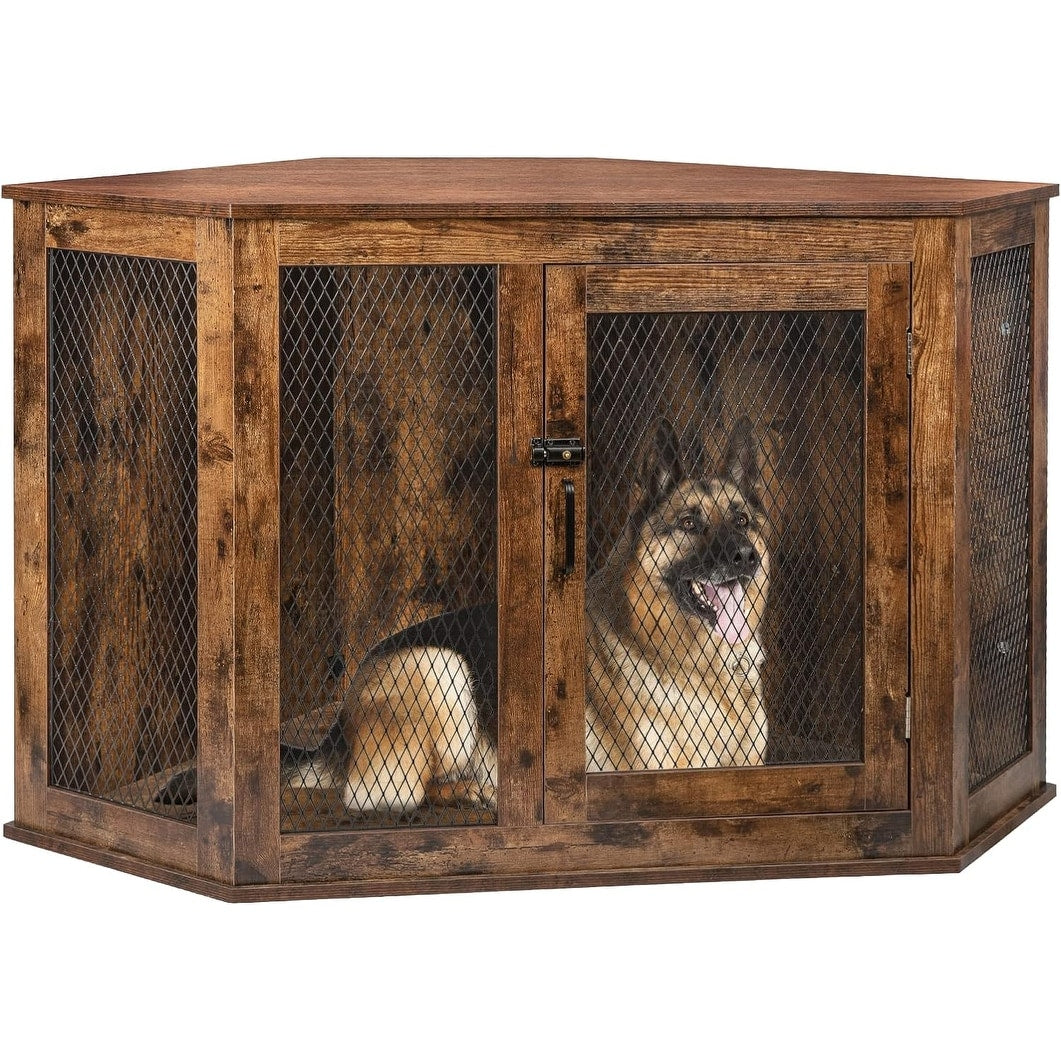 BOSSIN Corner Dog Crate Furniture,44/52 inch Wooden Dog Kennel Furniture with Mesh,Decorative Wood Dog House for Indoor use