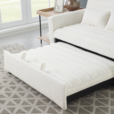 Beige 55.12 Boucle Loveseat Convertible Pull-Out Sofa Bed with Adjustable Back and 2 Waist Pillows for Living Room