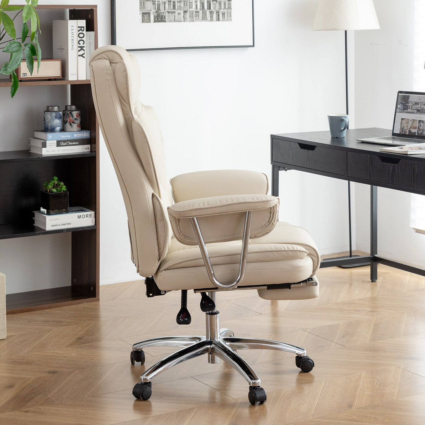 Beige Bonded Leather 360¡ã Swivel Ergonomic High Back Office Recliner with Lumbar Support, Footrest, Adjustable Height