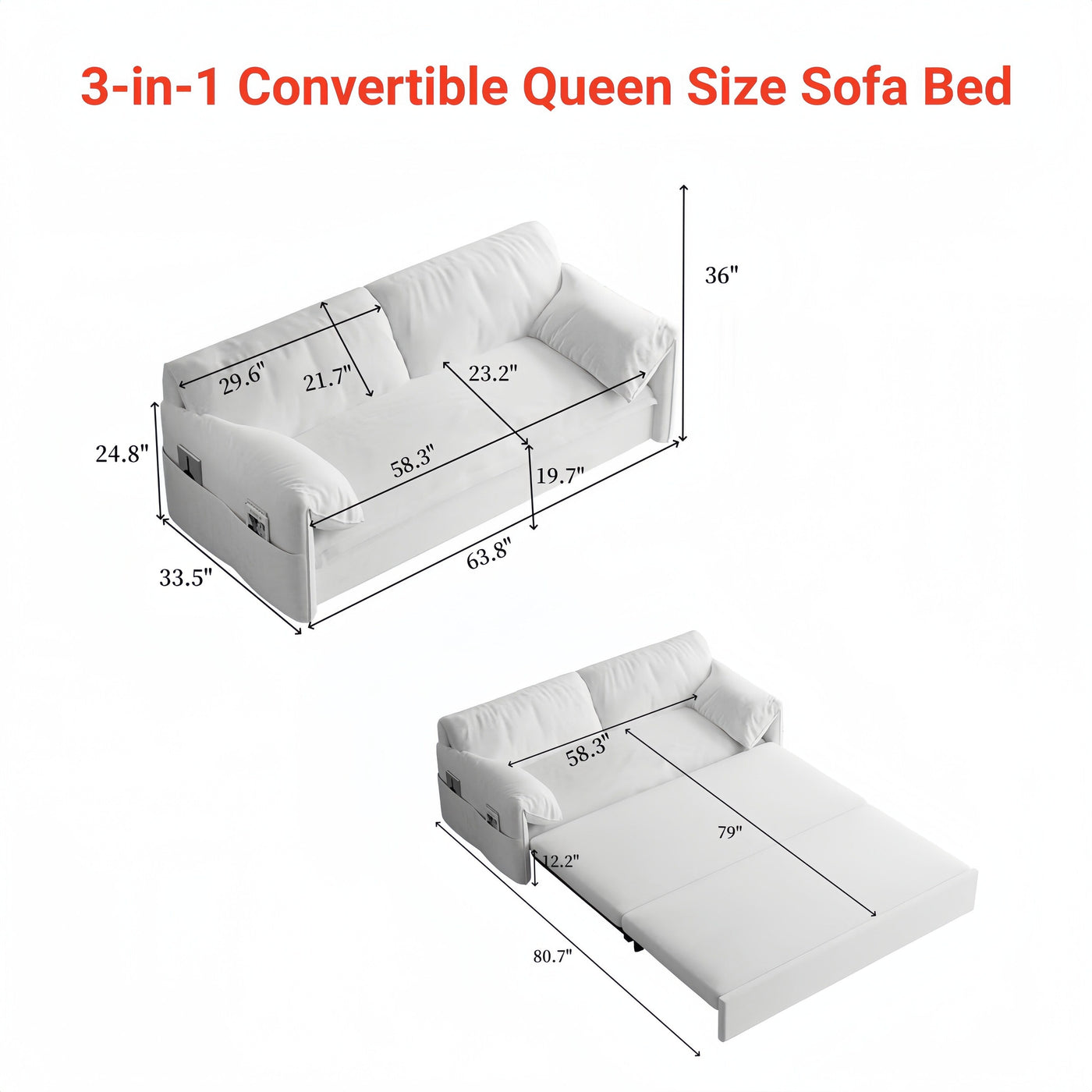 Black 63.8 3-in-1 Velvet Loveseat Pull Out Sofa Bed with Side Storage for Living Room