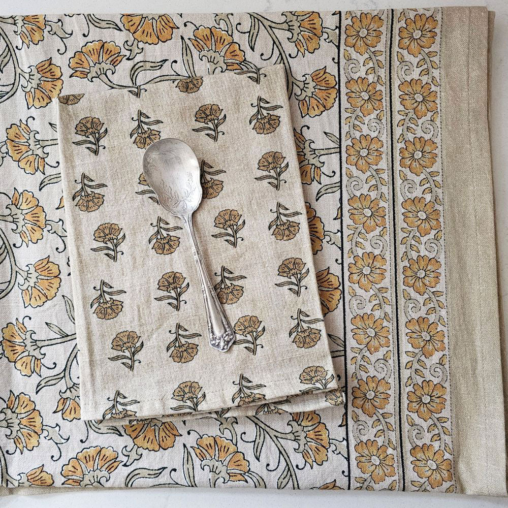 Block Print Mustard Flowers Tablecloth and Napkin Collection