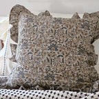 Rustic Linen Block Print and Ruffles Pillow Cover