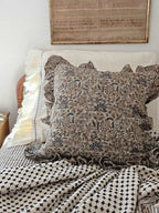 Rustic Linen Block Print and Ruffles Pillow Cover