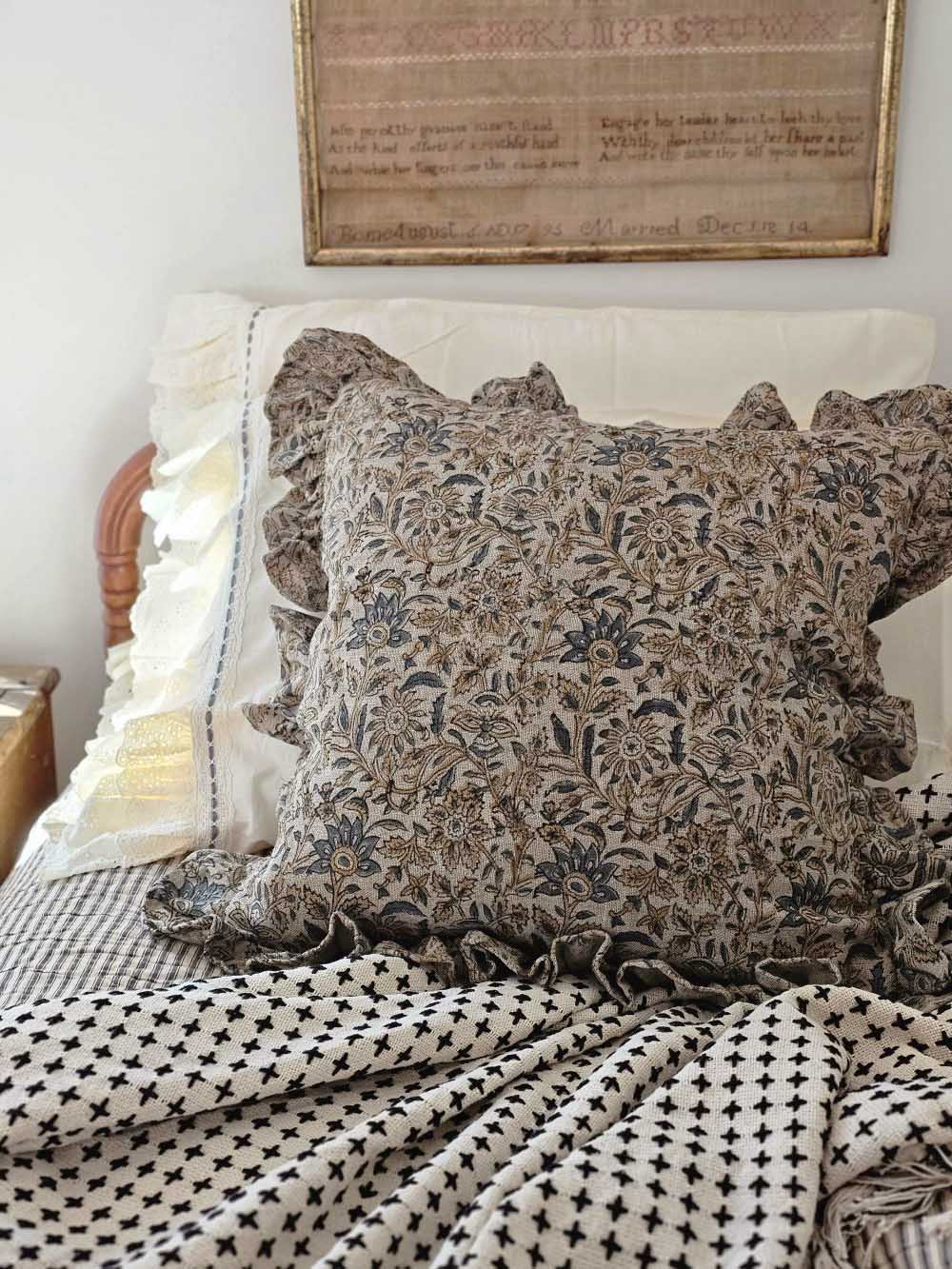 Rustic Linen Block Print and Ruffles Pillow Cover