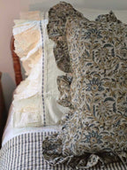 Rustic Linen Block Print and Ruffles Pillow Cover