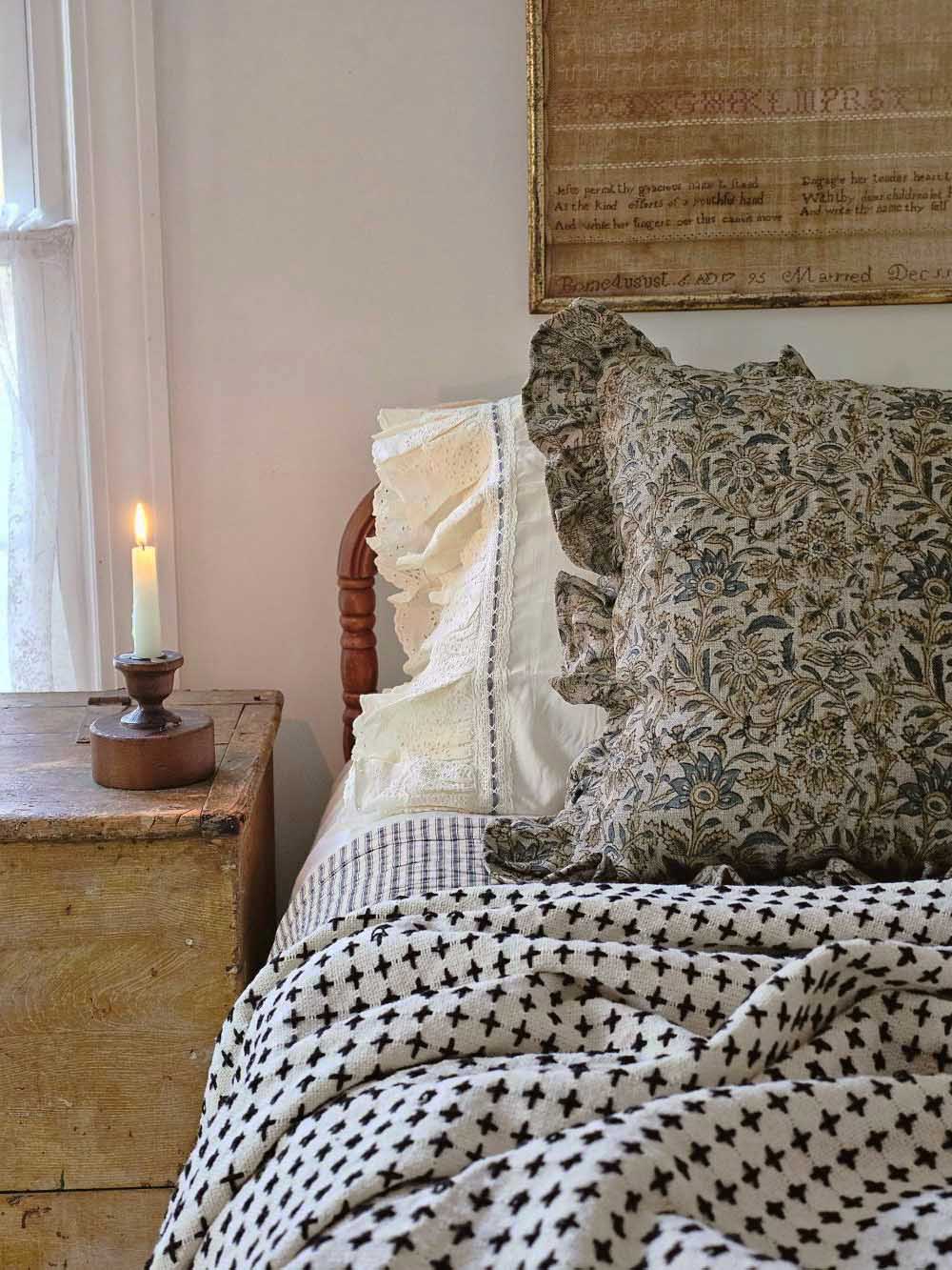 Rustic Linen Block Print and Ruffles Pillow Cover