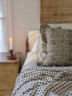 Rustic Linen Block Print and Ruffles Pillow Cover