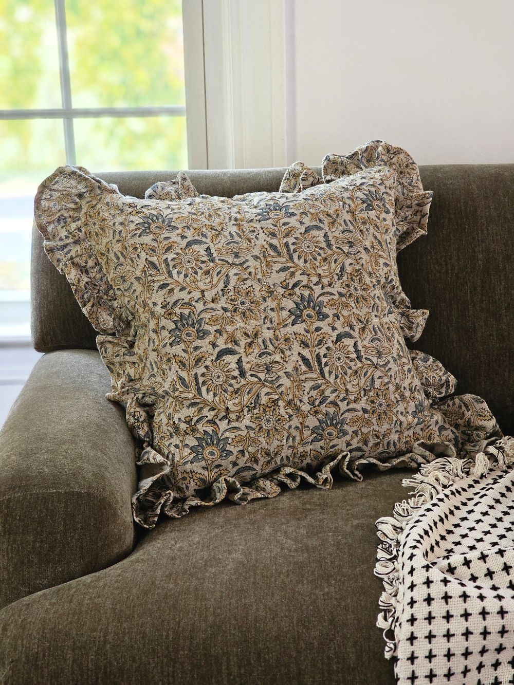 Rustic Linen Block Print and Ruffles Pillow Cover