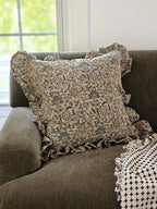 Rustic Linen Block Print and Ruffles Pillow Cover