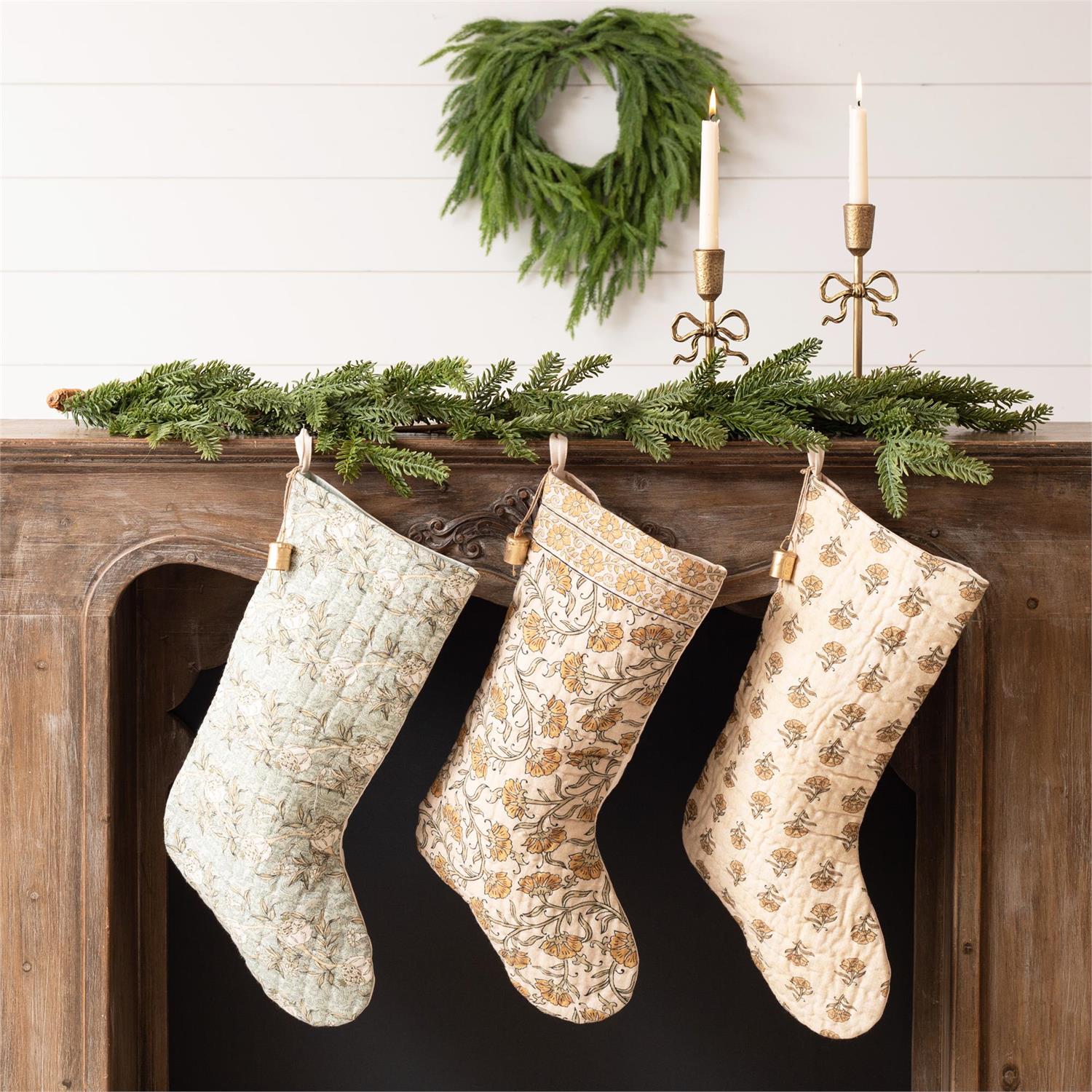 Set of 3 Block Print Stockings with Bell