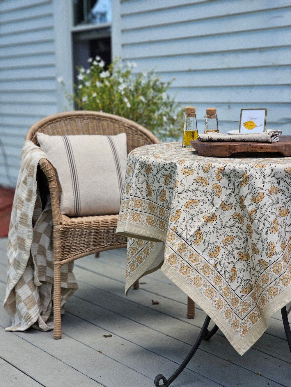 Block Print Mustard Flowers Tablecloth and Napkin Collection