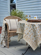 Block Print Mustard Flowers Tablecloth and Napkin Collection