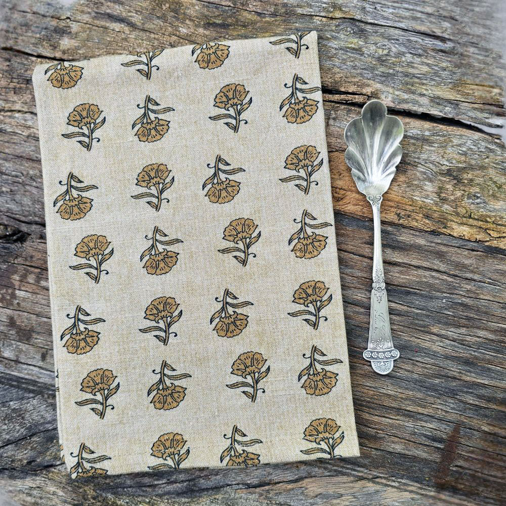 Block Print Mustard Flowers Tablecloth and Napkin Collection