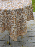 Block Print Mustard Flowers Tablecloth and Napkin Collection