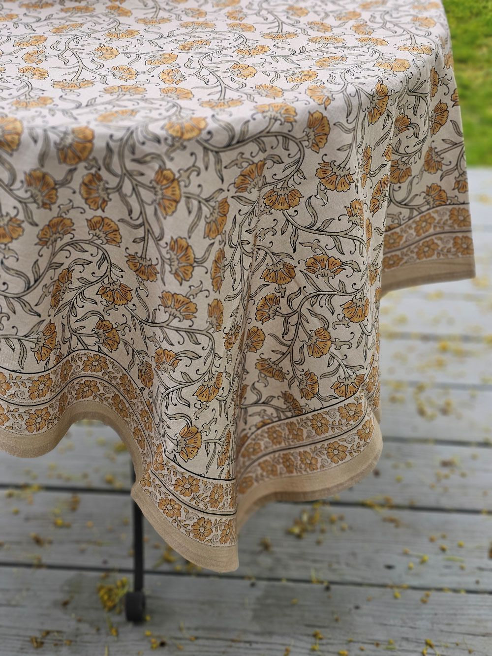 Block Print Mustard Flowers Tablecloth and Napkin Collection