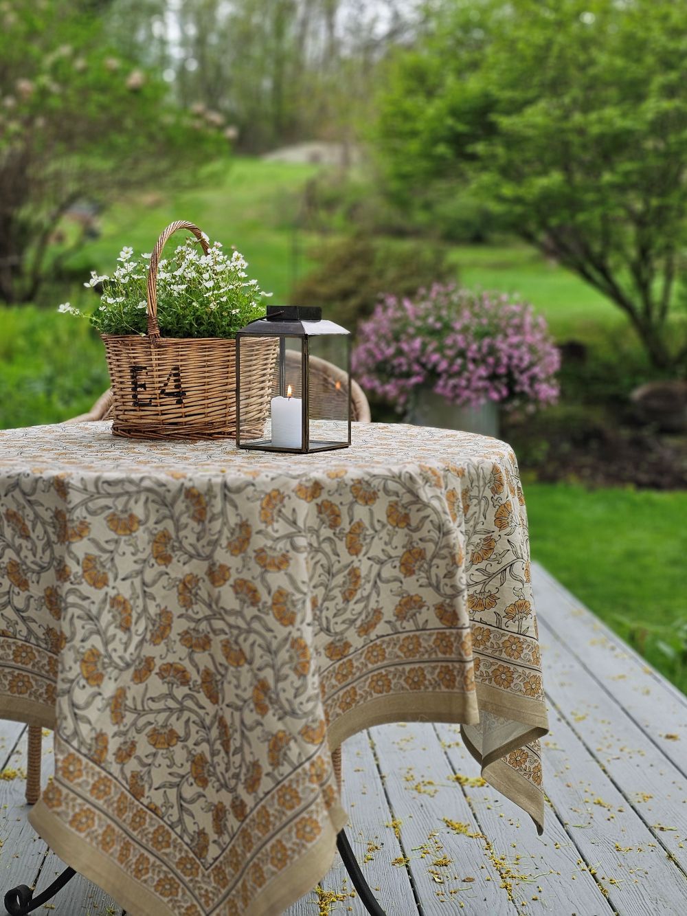 Block Print Mustard Flowers Tablecloth and Napkin Collection