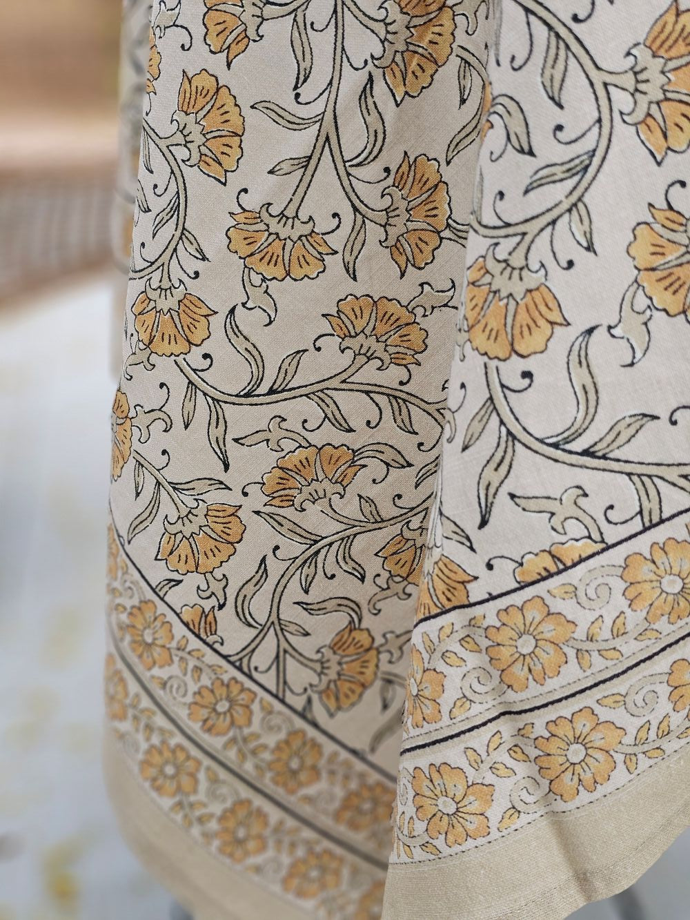 Block Print Mustard Flowers Tablecloth and Napkin Collection