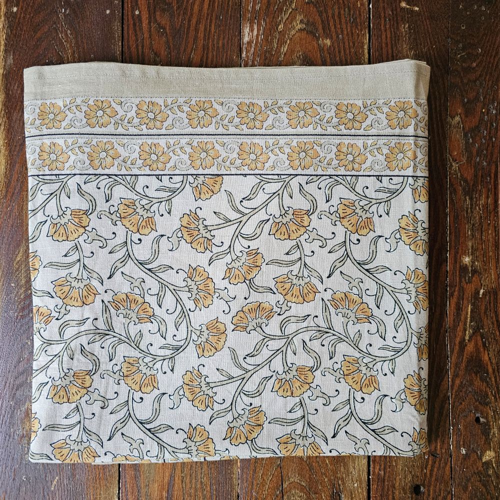 Block Print Mustard Flowers Tablecloth and Napkin Collection
