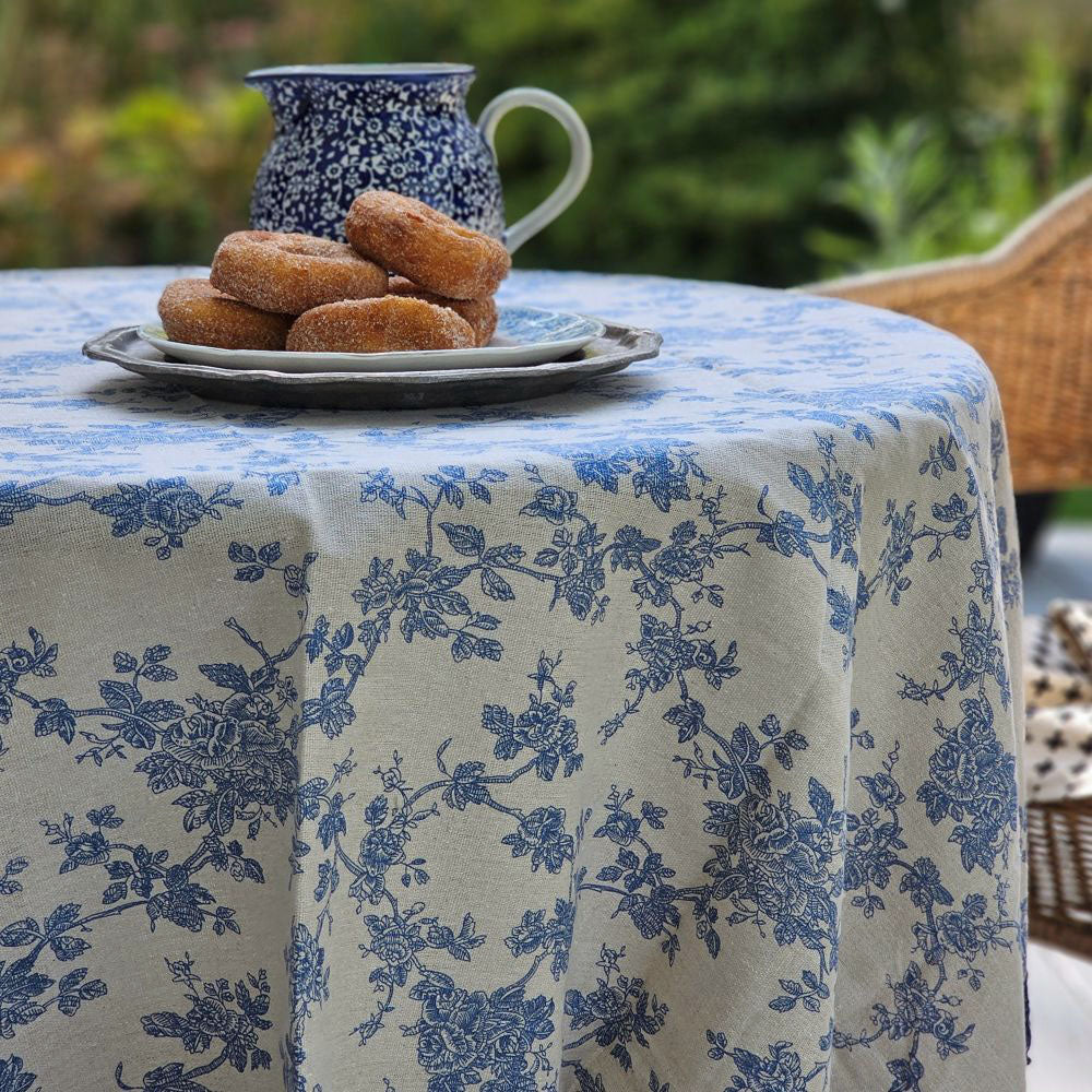 Blue Floral Toile Tablecloth with Crochet Lace Trim
