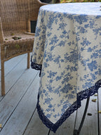 Blue Floral Toile Tablecloth with Crochet Lace Trim