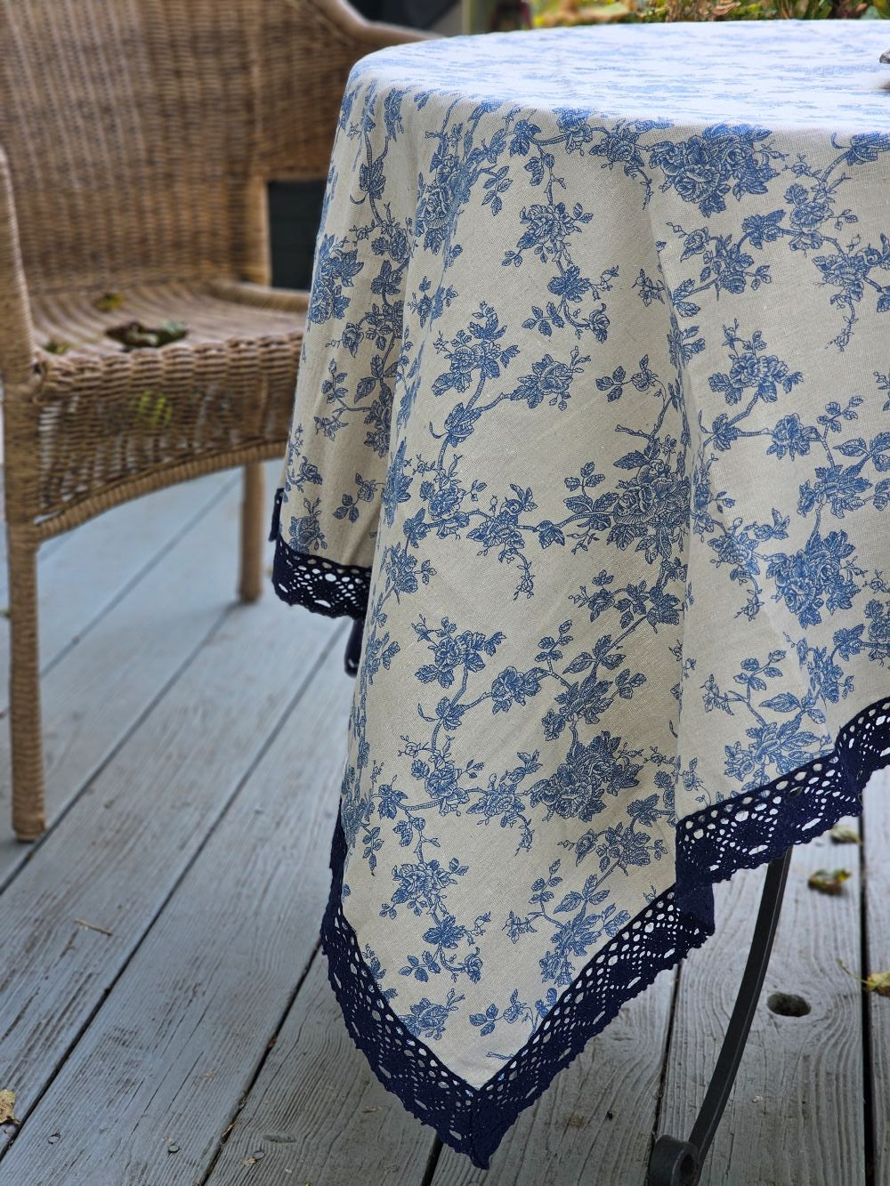 Blue Floral Toile Tablecloth with Crochet Lace Trim