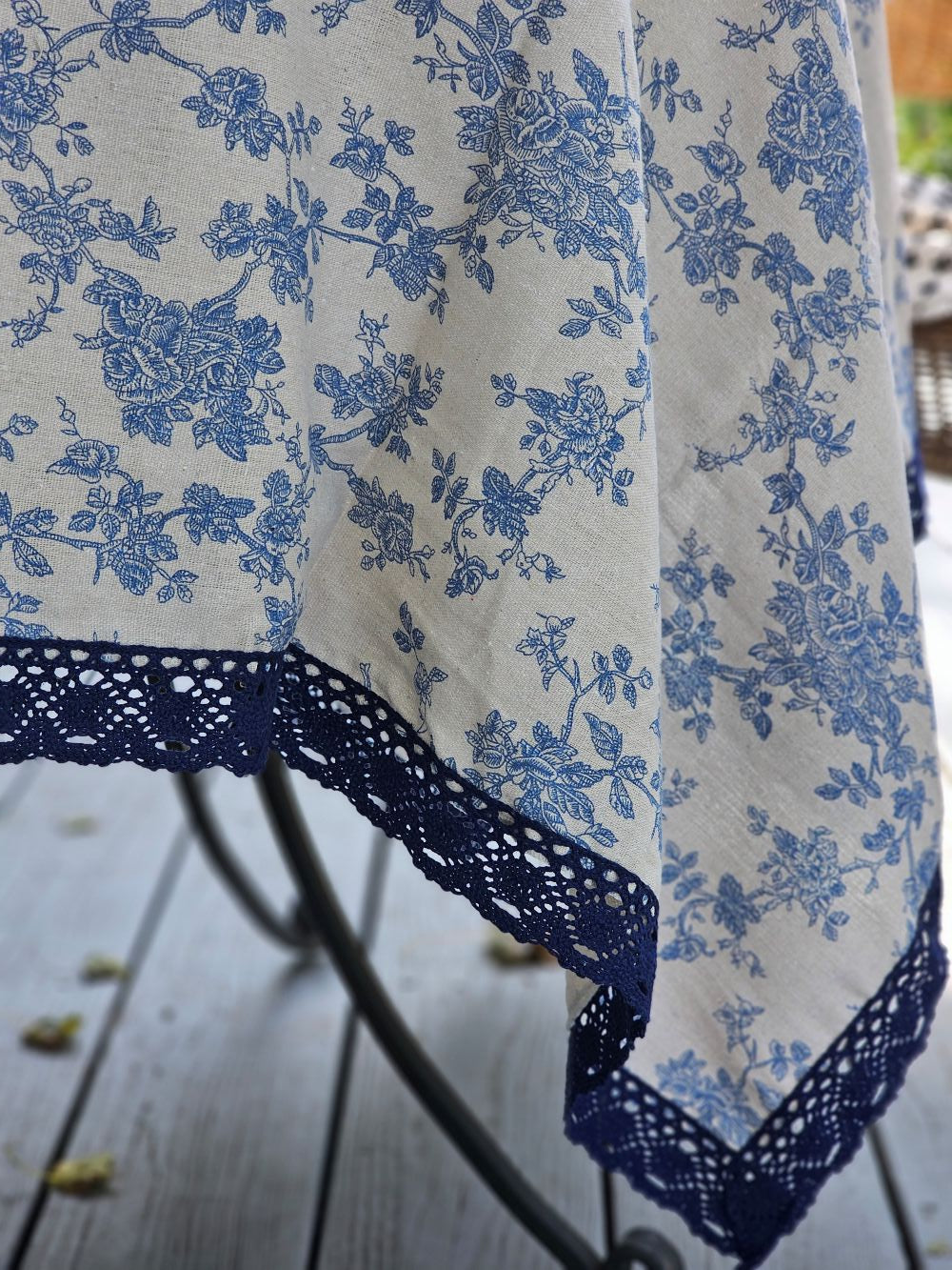 Blue Floral Toile Tablecloth with Crochet Lace Trim