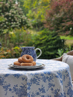 Blue Floral Toile Tablecloth with Crochet Lace Trim