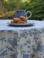 Blue Floral Toile Tablecloth with Crochet Lace Trim