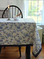 Blue Floral Toile Tablecloth with Crochet Lace Trim