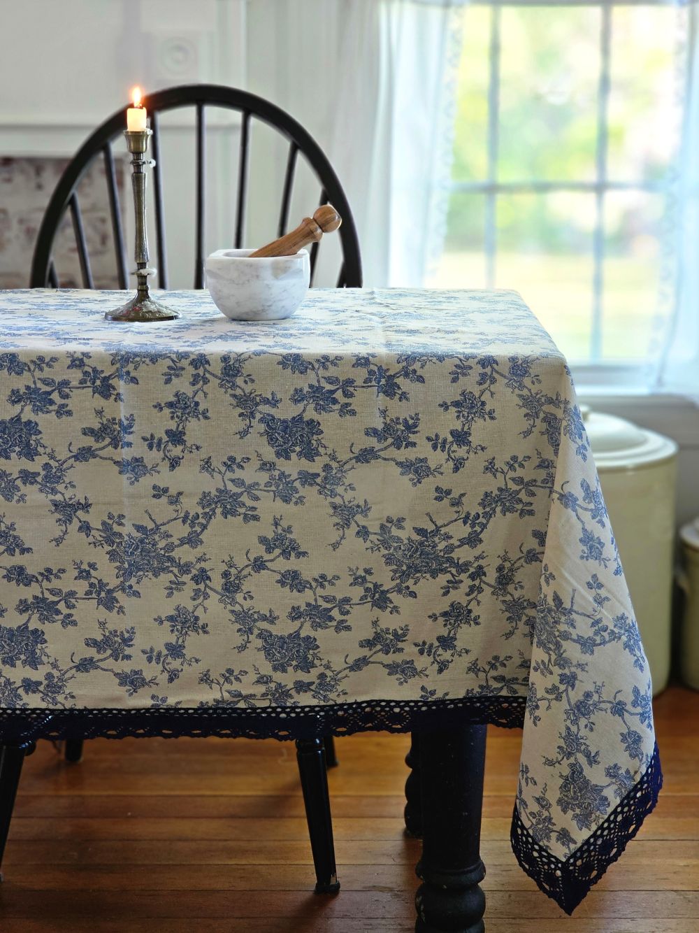 Blue Floral Toile Tablecloth with Crochet Lace Trim