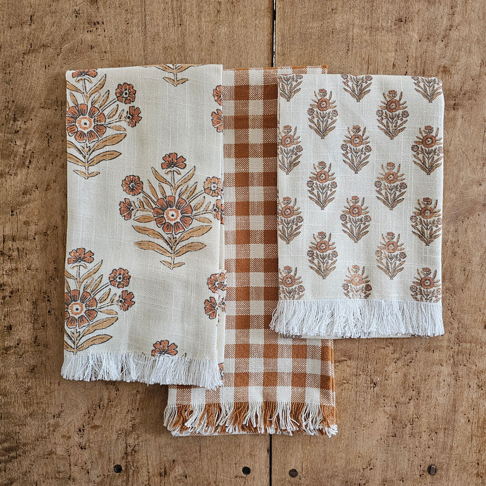 Rustic Orange Gingham and Block Print Tea Towel Set