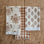 Rustic Orange Gingham and Block Print Tea Towel Set