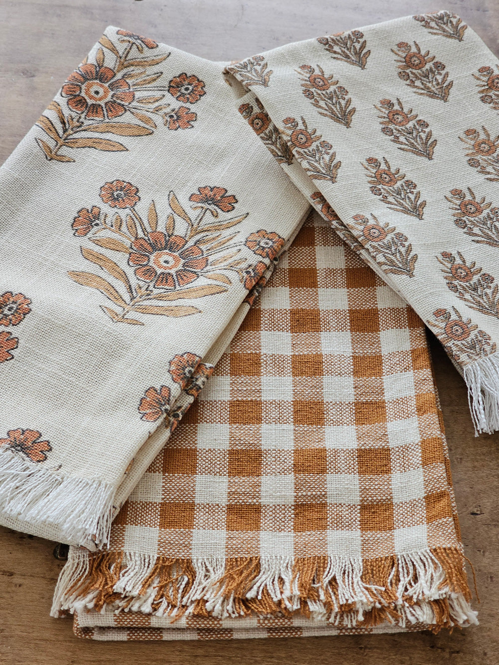 Rustic Orange Gingham and Block Print Tea Towel Set