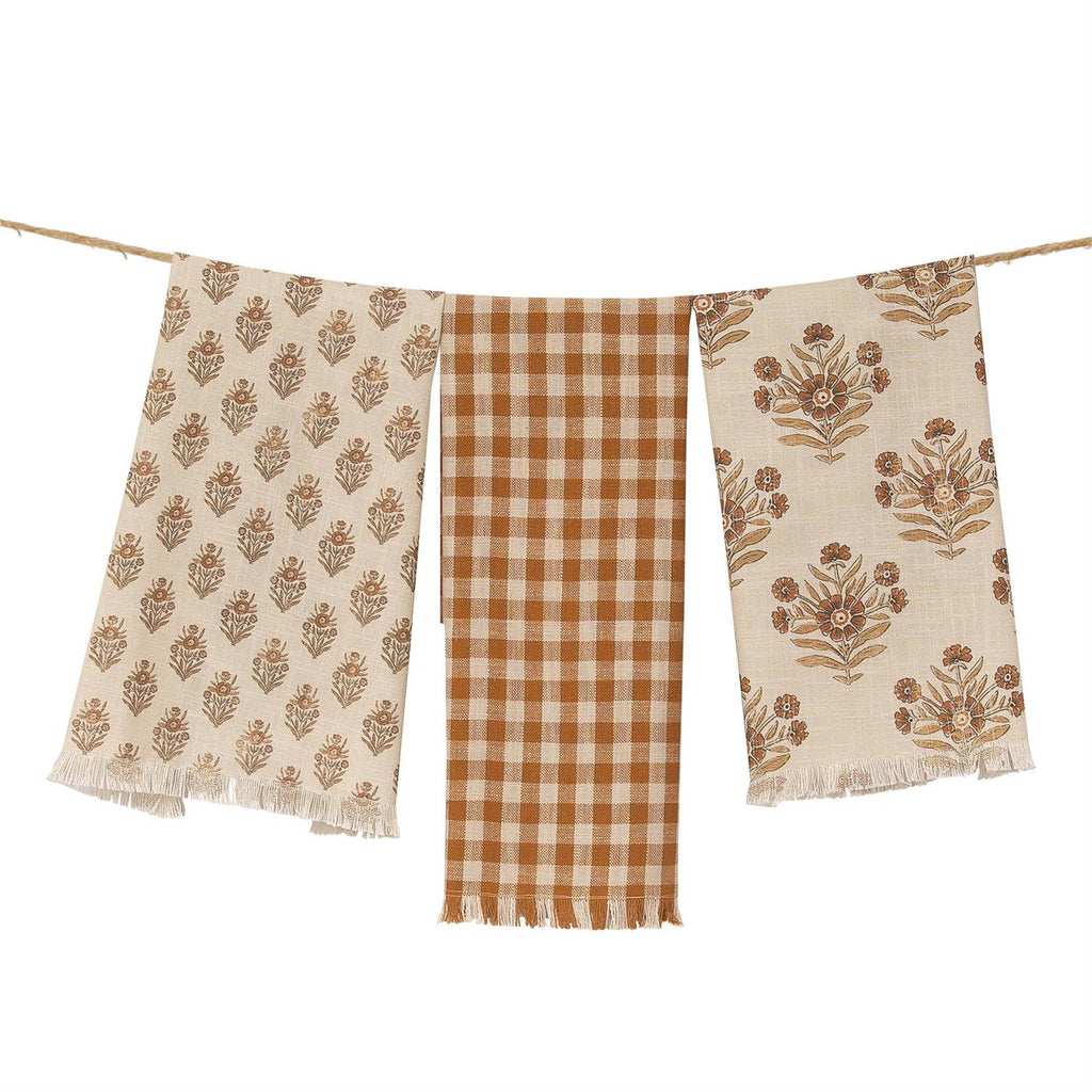 Rustic Orange Gingham and Block Print Tea Towel Set