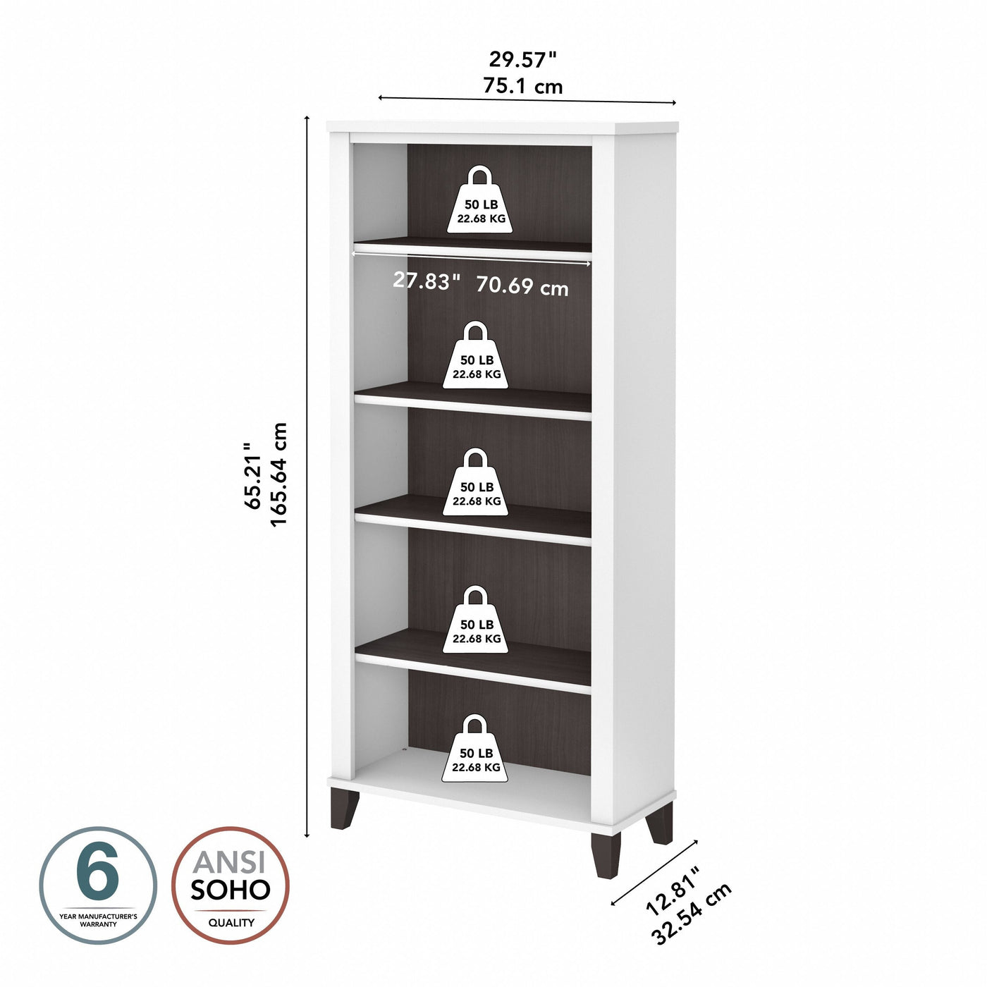 Bush Furniture Somerset Tall 5 Shelf Bookcase with Adjustable Shelves
