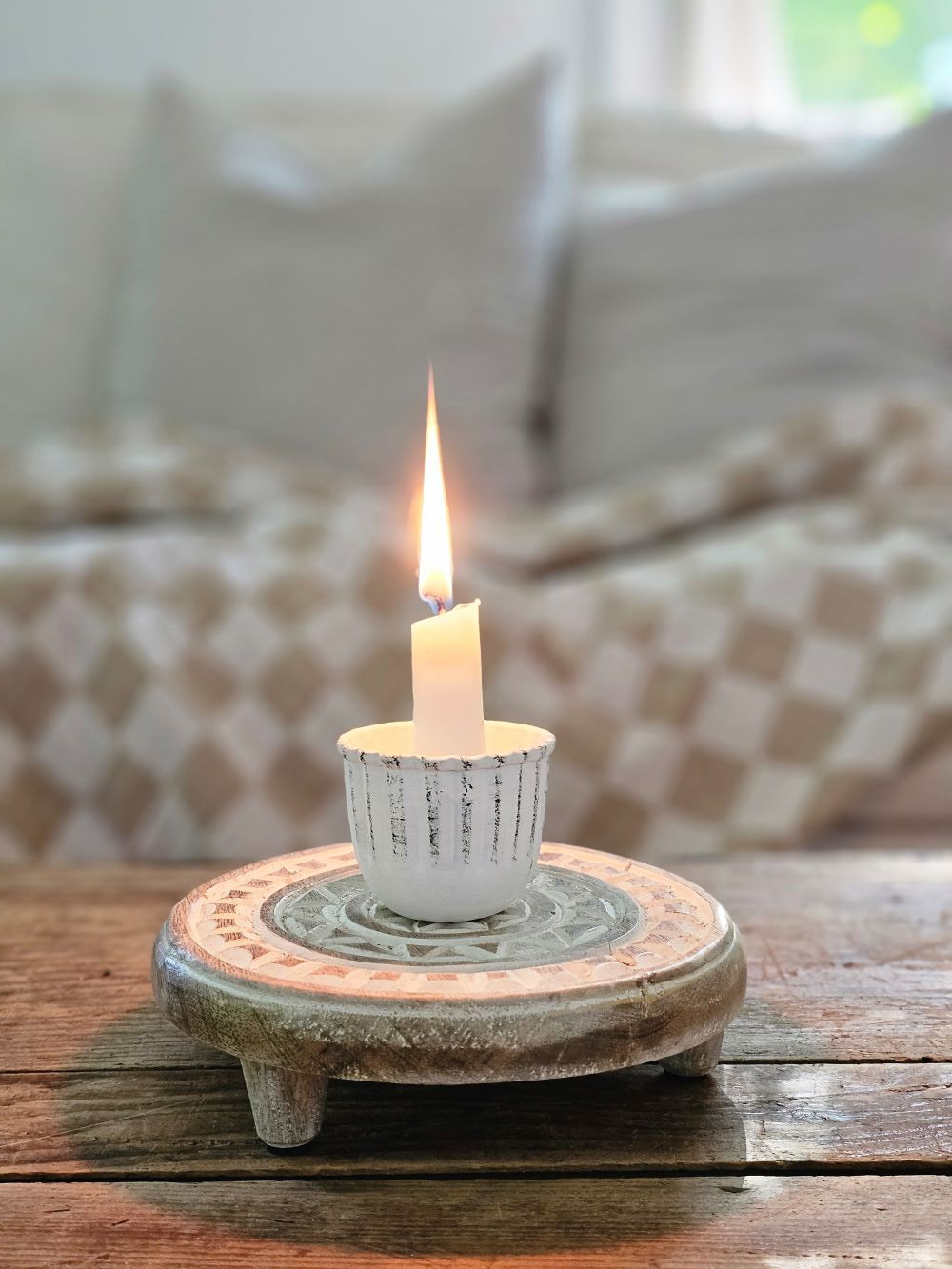 Aged White Taper Candle Cup
