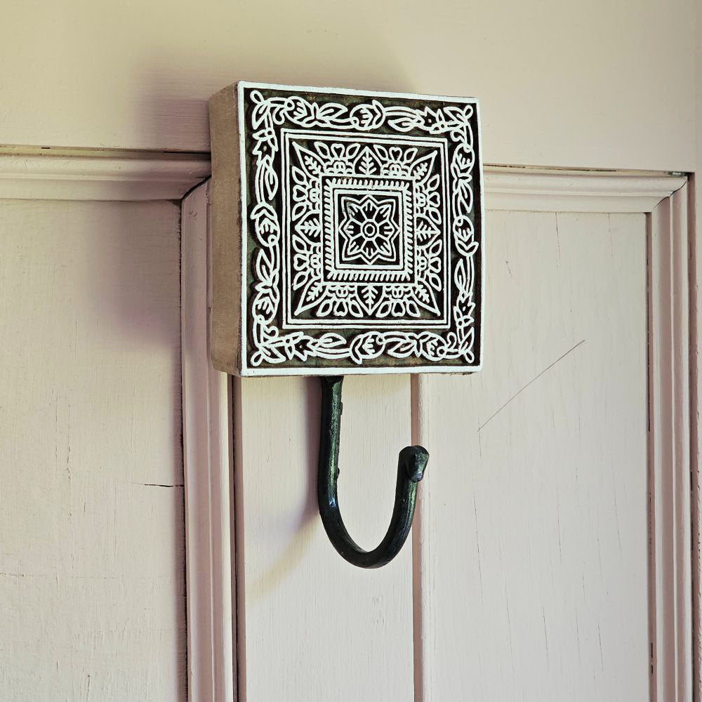 Carved Wood Print Block Hook