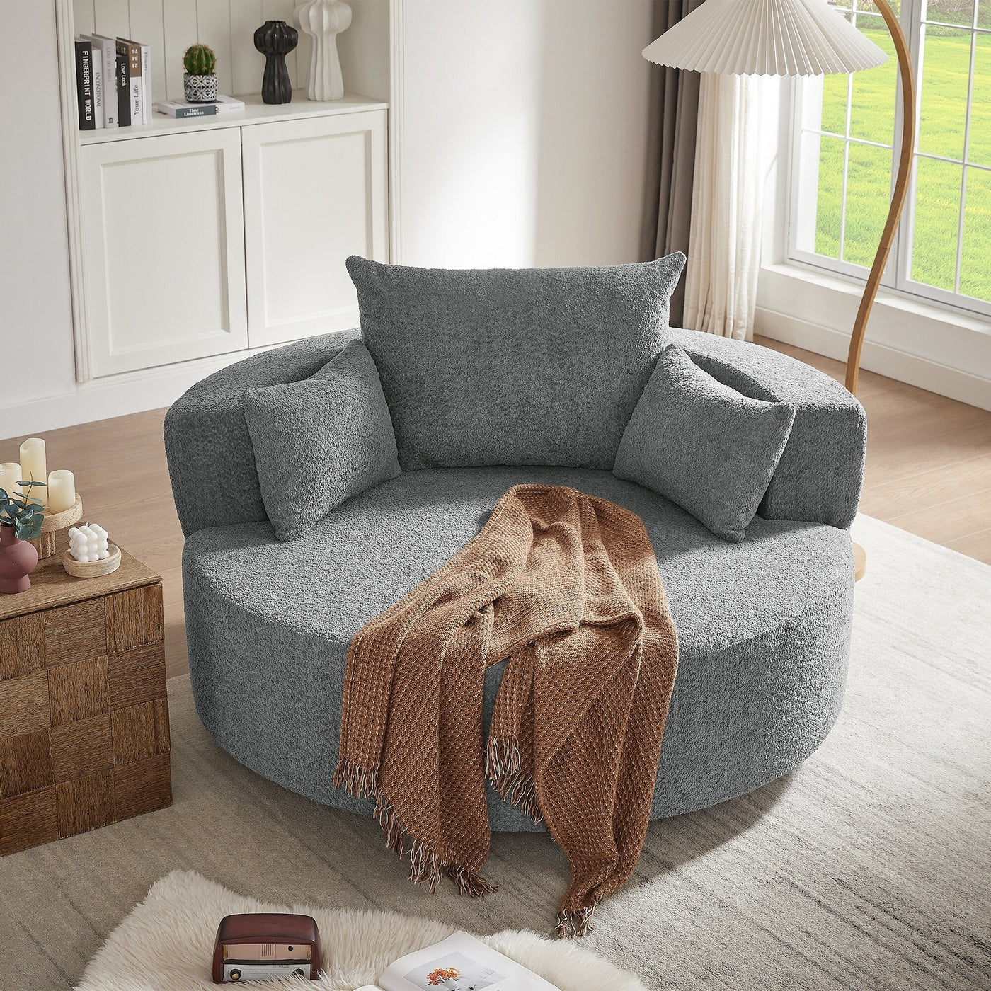 Chenille Accent Barrel Chair Lounge Chair, Round Sofa Chair Armchair with 360-Degree Swivel Base and 3 Removable Pillows