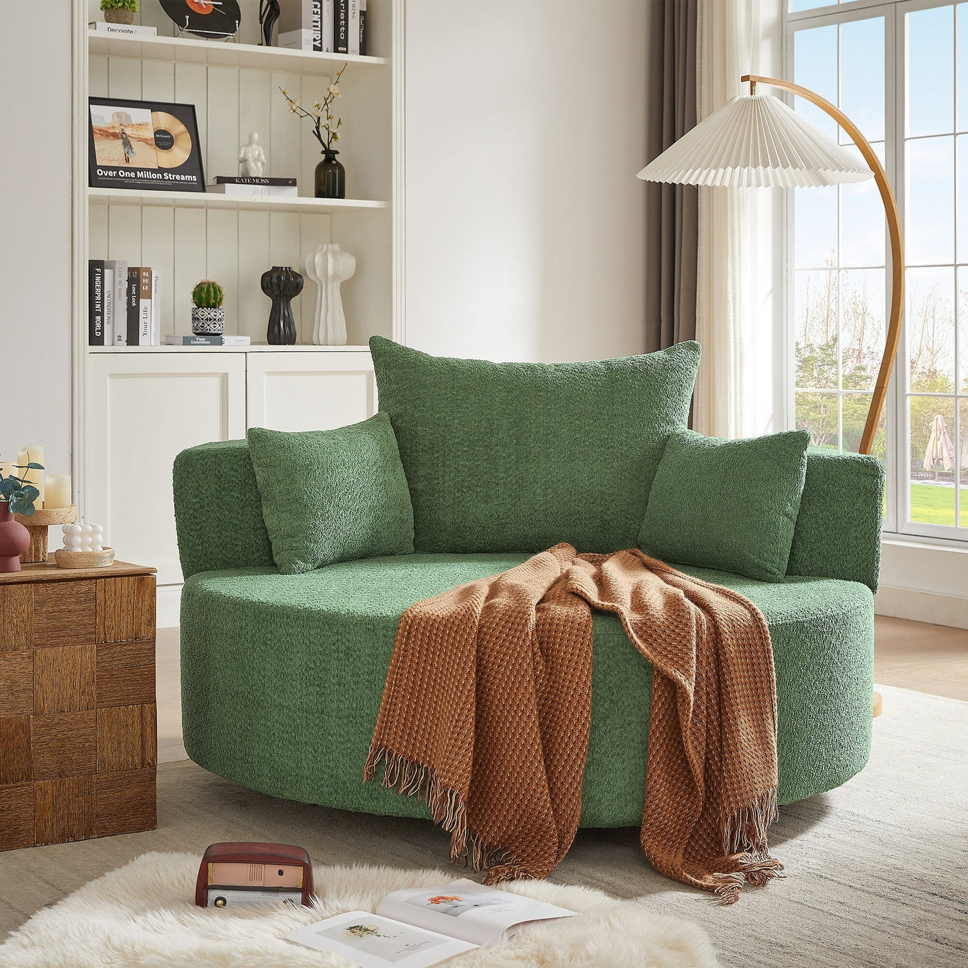 Chenille Accent Barrel Chair Lounge Chair, Round Sofa Chair Armchair with 360-Degree Swivel Base and 3 Removable Pillows