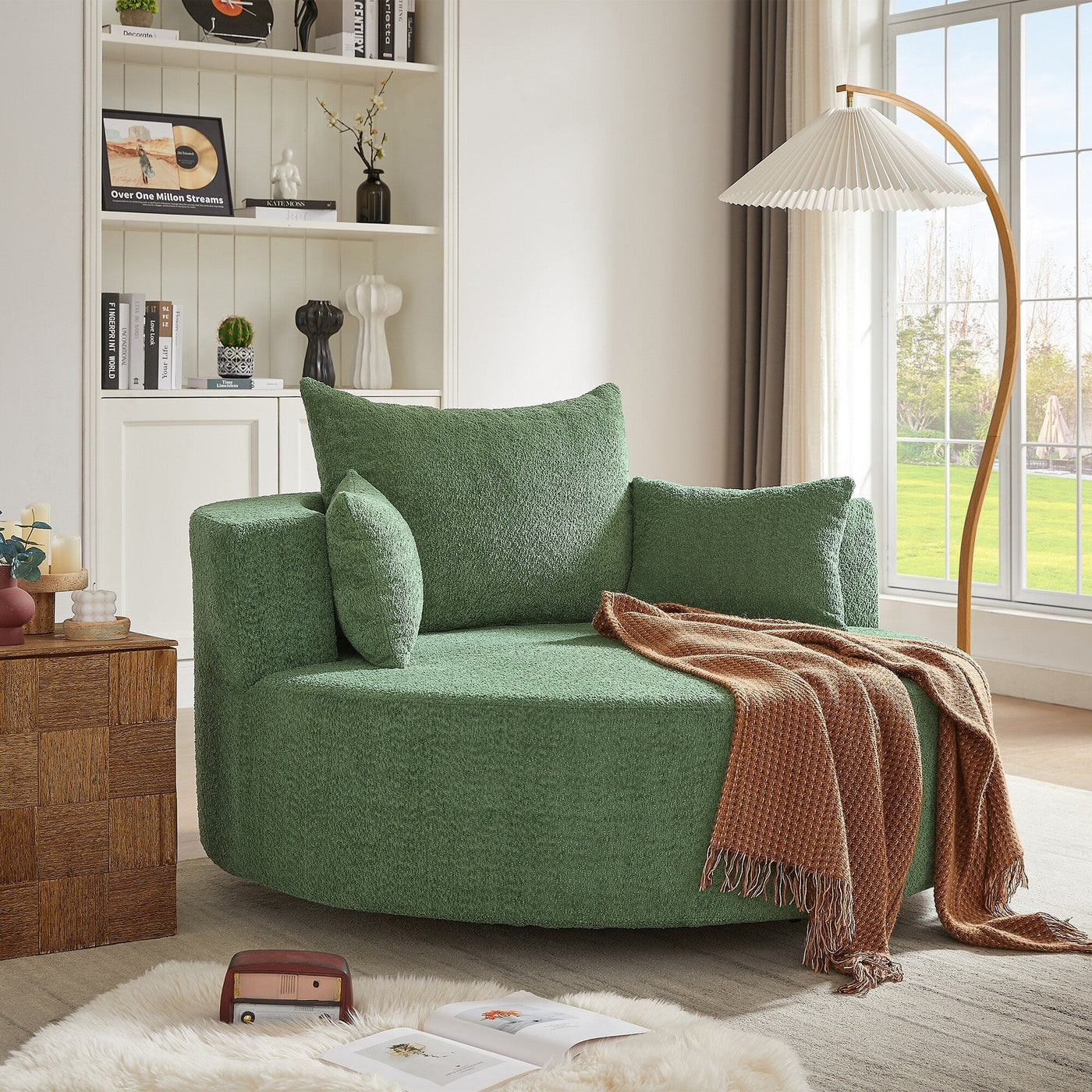 Chenille Accent Barrel Chair Lounge Chair, Round Sofa Chair Armchair with 360-Degree Swivel Base and 3 Removable Pillows