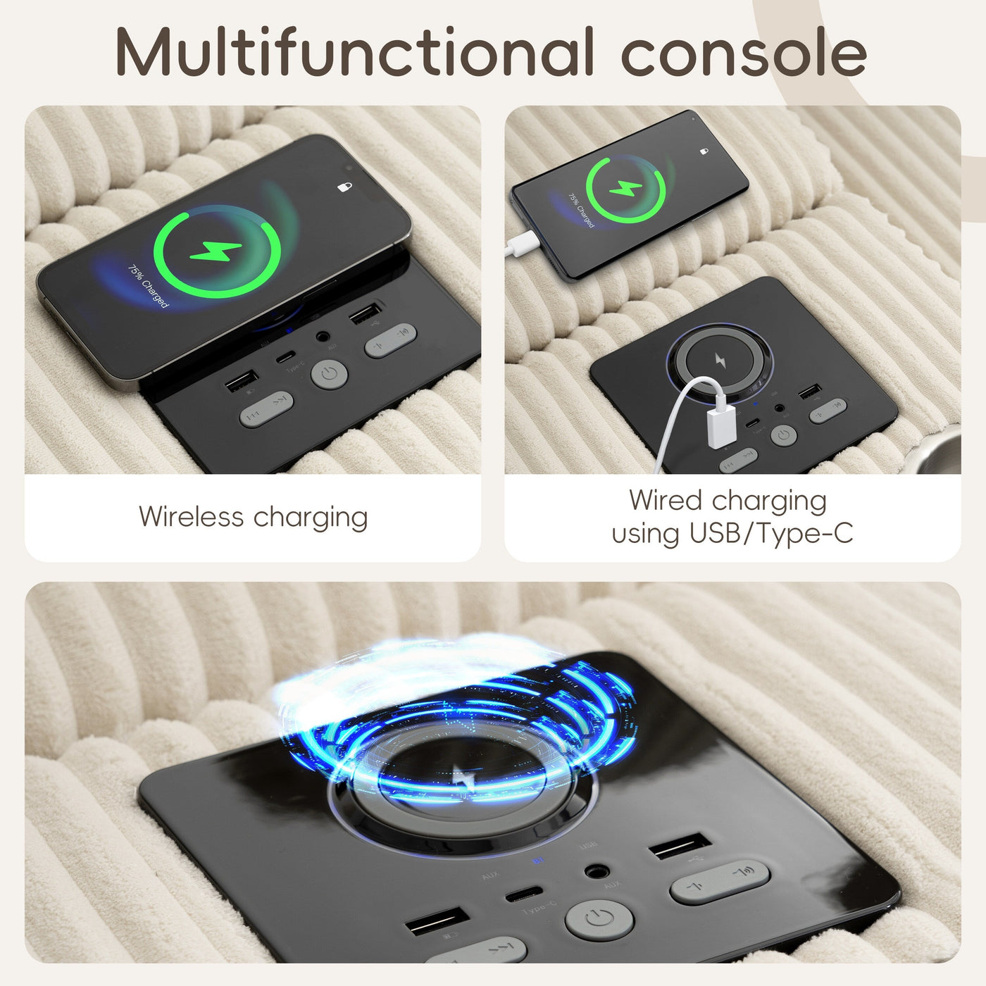 Corduroy Sectional Sofa with Bluetooth Speakers, USB Charger, Cup Holders, Storage, Ottoman, Deep and Wide Seat
