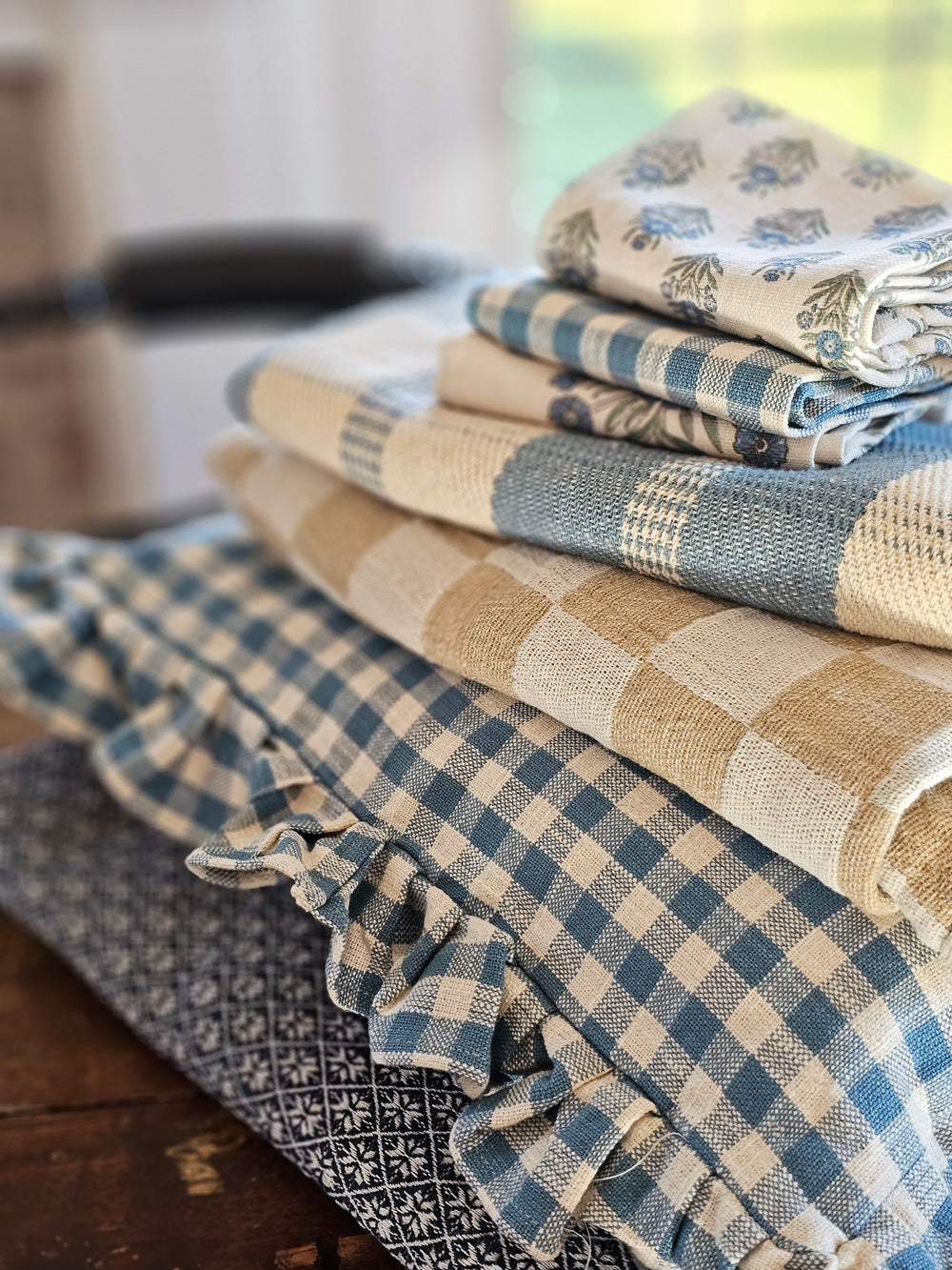 Cottage Blue Gingham and Block Print Tea Towel Set