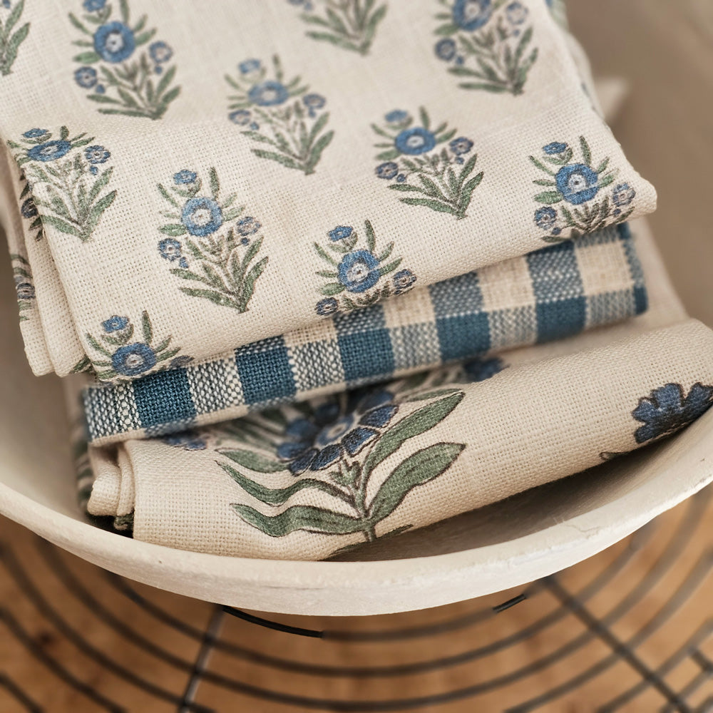 Cottage Blue Gingham and Block Print Tea Towel Set