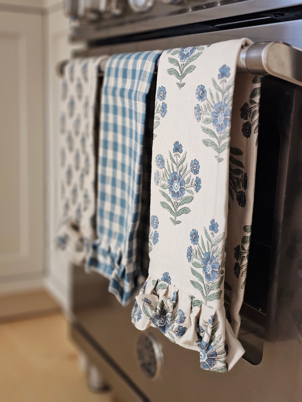 Cottage Blue Gingham and Block Print Tea Towel Set